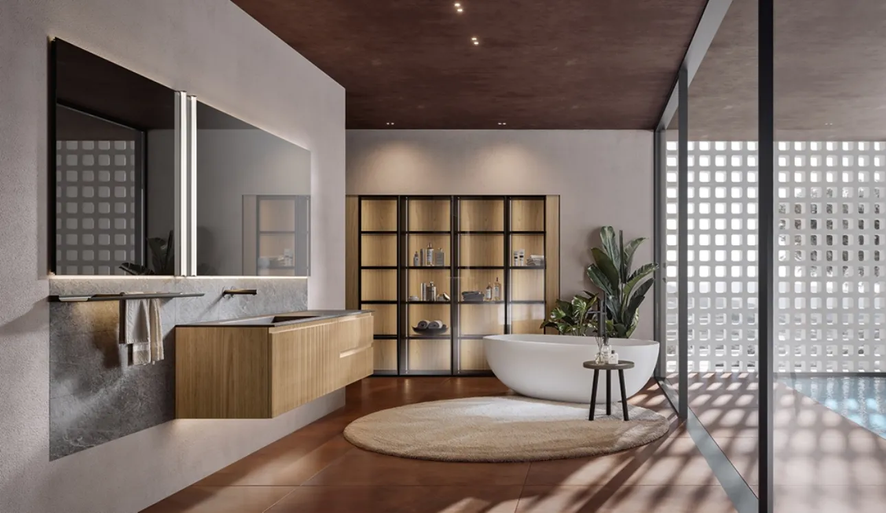 Mobile da Bagno sospeso Eros 02 in polimerico essenza cannettato ambra di Edoné
