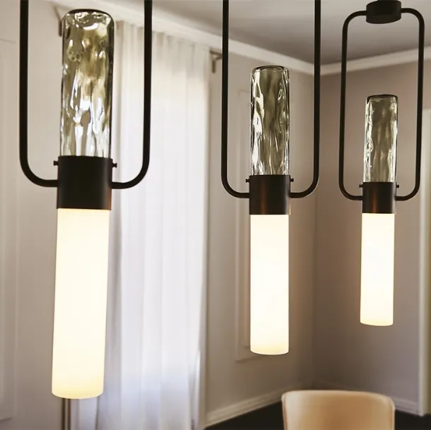Lampada a sospensione in ferro brunito con paralume in vetro Bamboo di Cattelan Italia