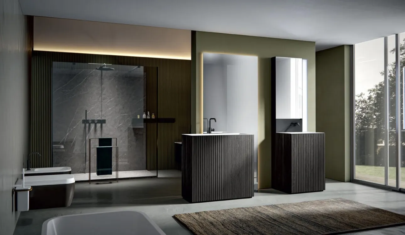 Mobile da Bagno a terra in Texture Veneziana Fuliggine con top integrato Chrono 38 3003 di Edoné