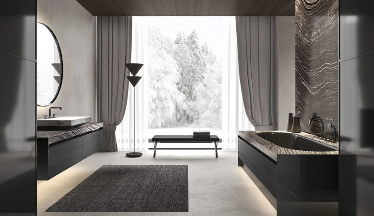 Mobile da Bagno sospeso Vitage Four Seasons 17 in rovere nero e marmo di Milldue
