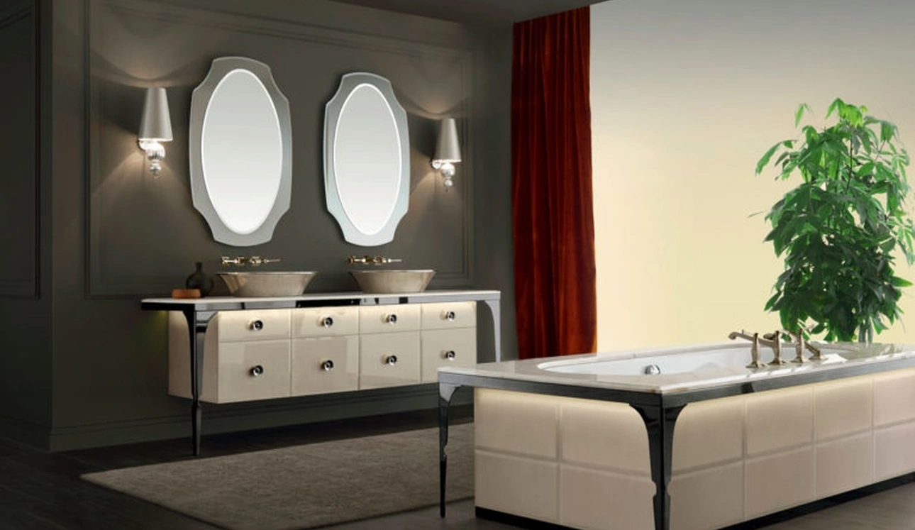 Mobile da Bagno Vitage Majestic 06 in vetro extrachiaro laccato mandorla di Milldue