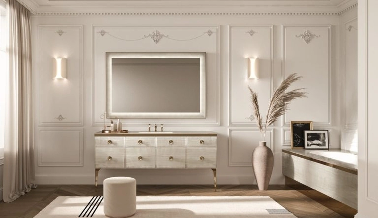 Mobile da Bagno Vitage Majestic 10 in vetro extrachiaro alabastro gold di Milldue