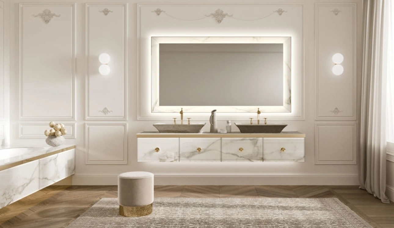 Mobile da Bagno sospeso Vitage Majestic 11 in vetro extrachiaro calacatta di Milldue
