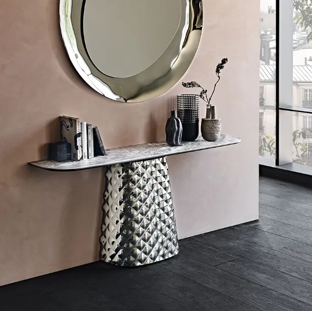 Consolle con piano in ceramica e base in cristallo specchiato Atrium Keramik di Cattelan Italia