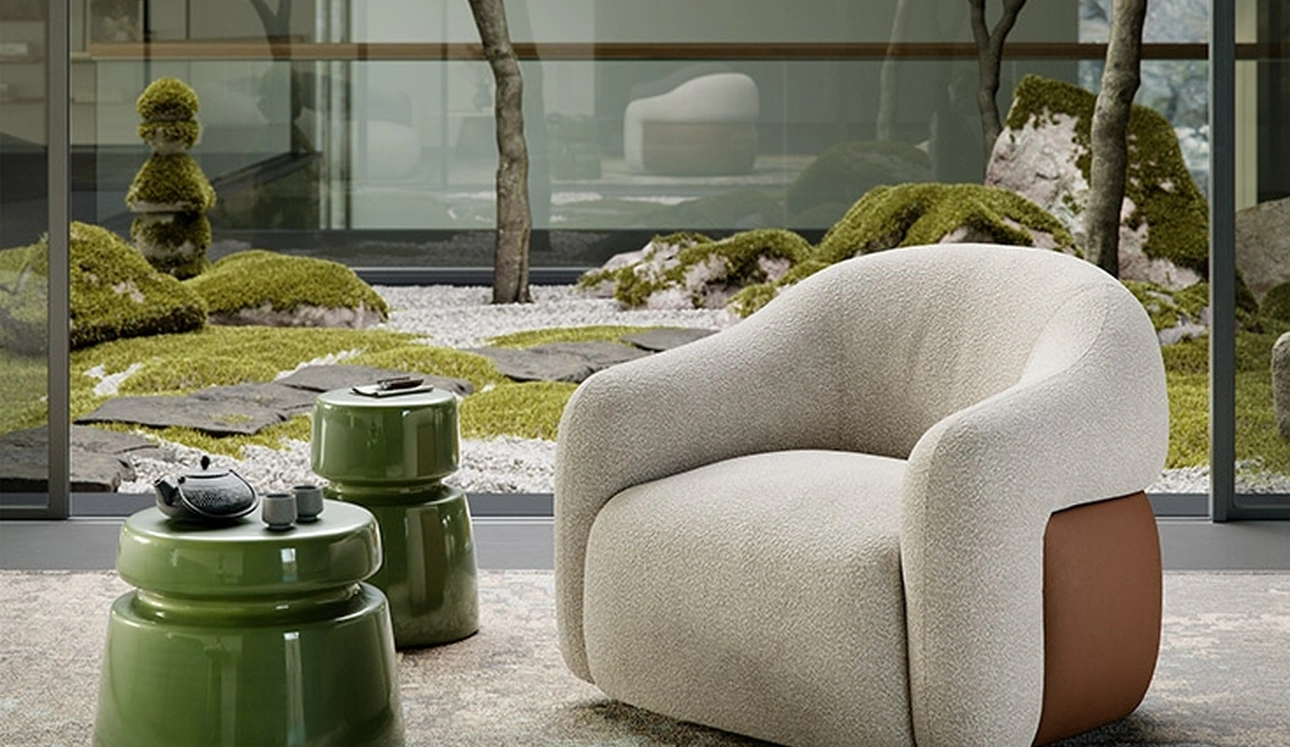 Poltrona in tessuto con dettaglio in pelle sul retro Baldwin Turn di Cattelan Italia