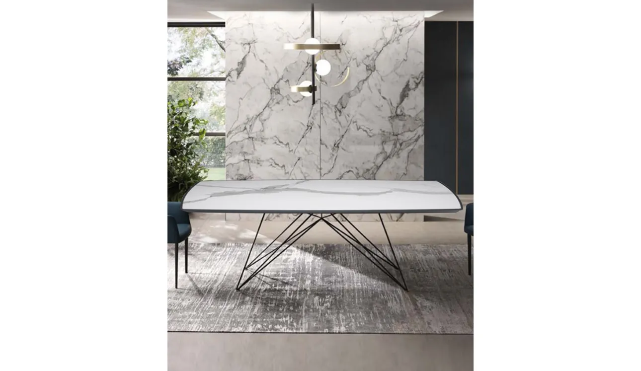 Tavolo Pegaso con top in Legno con inserto in Ceramica e base in tondino di acciaio di Riflessi