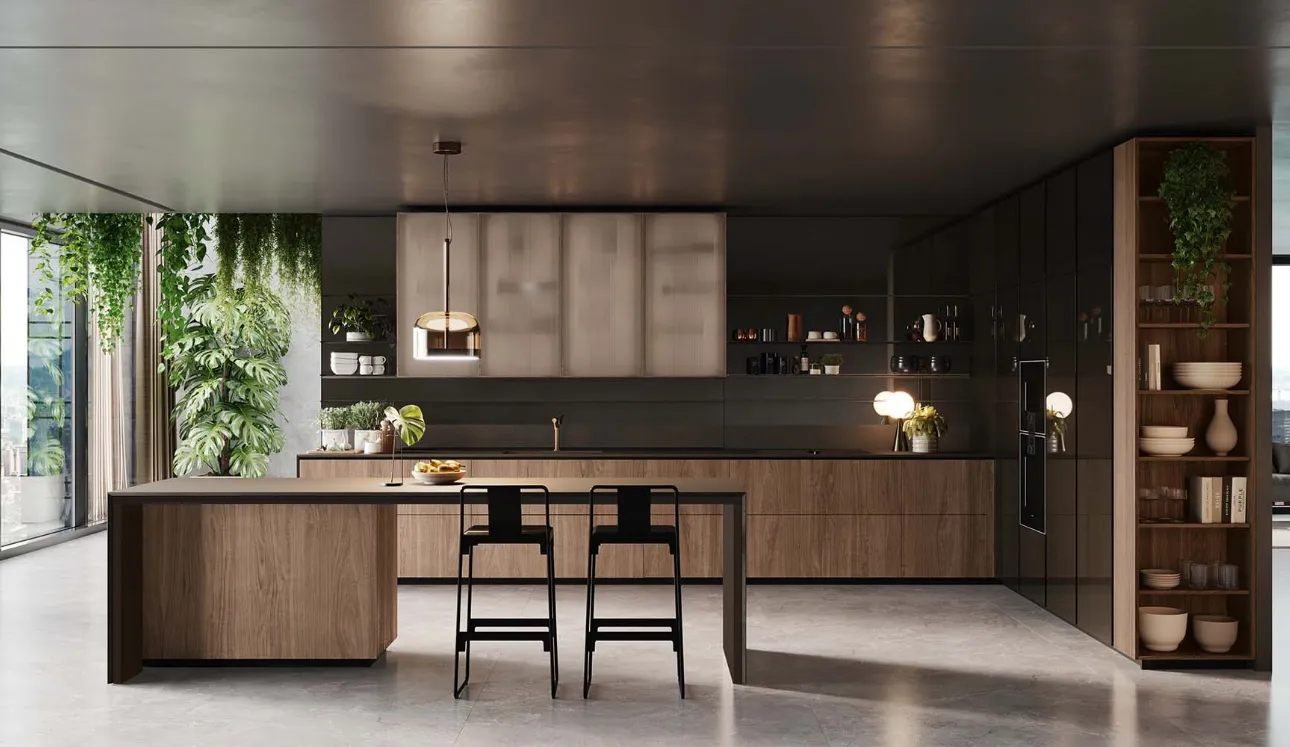 Cucina Design angolare con isola Forma Mentis Noce Canaletto di Valcucine