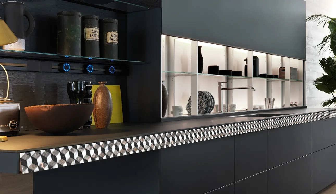 Cucina Design con isola Genius Loci Vitrum opaco Ardesia con cassetto a mosaico di Valcucine