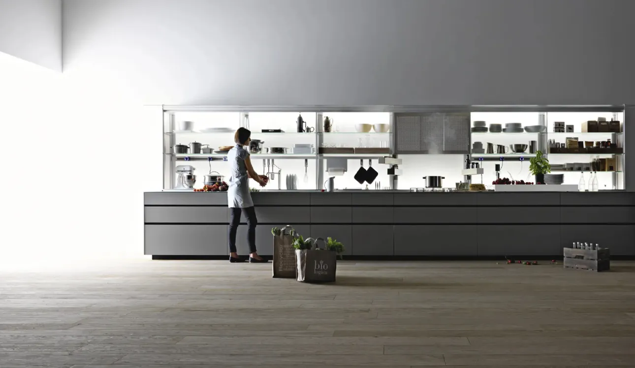 Cucina Design Artematica in linea, in vetro temprato laccato opaco Vitrum Grigio Cemento 01 di Valcucine