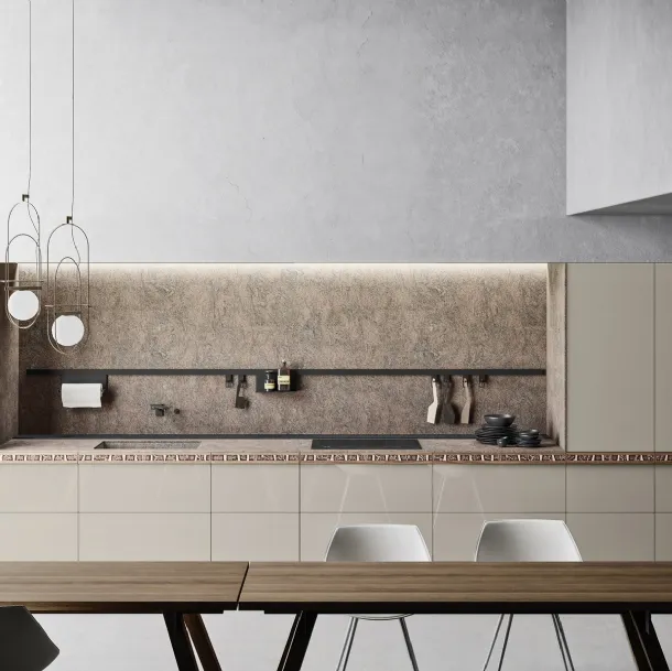 Cucina Design in linea Genius Loci Vitrum Lucido Kamut con cassetto a mosaico di Valcucine