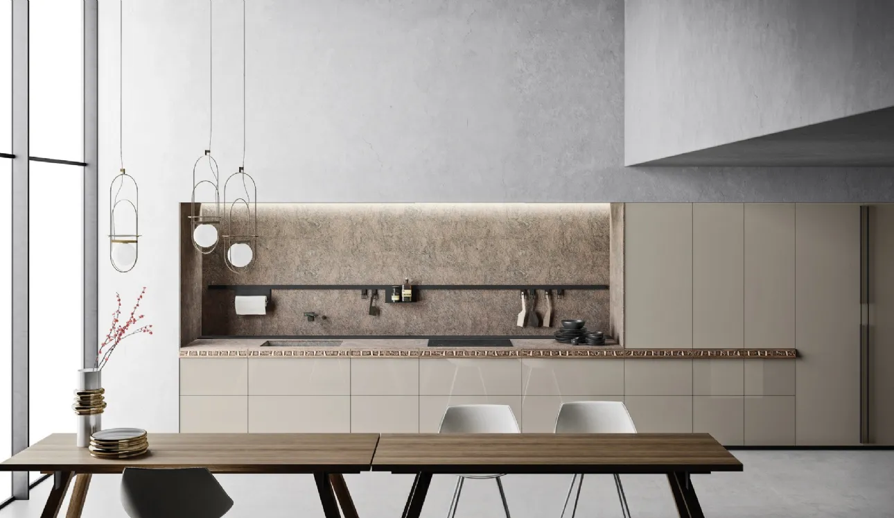 Cucina Design in linea Genius Loci Vitrum Lucido Kamut con cassetto a mosaico di Valcucine